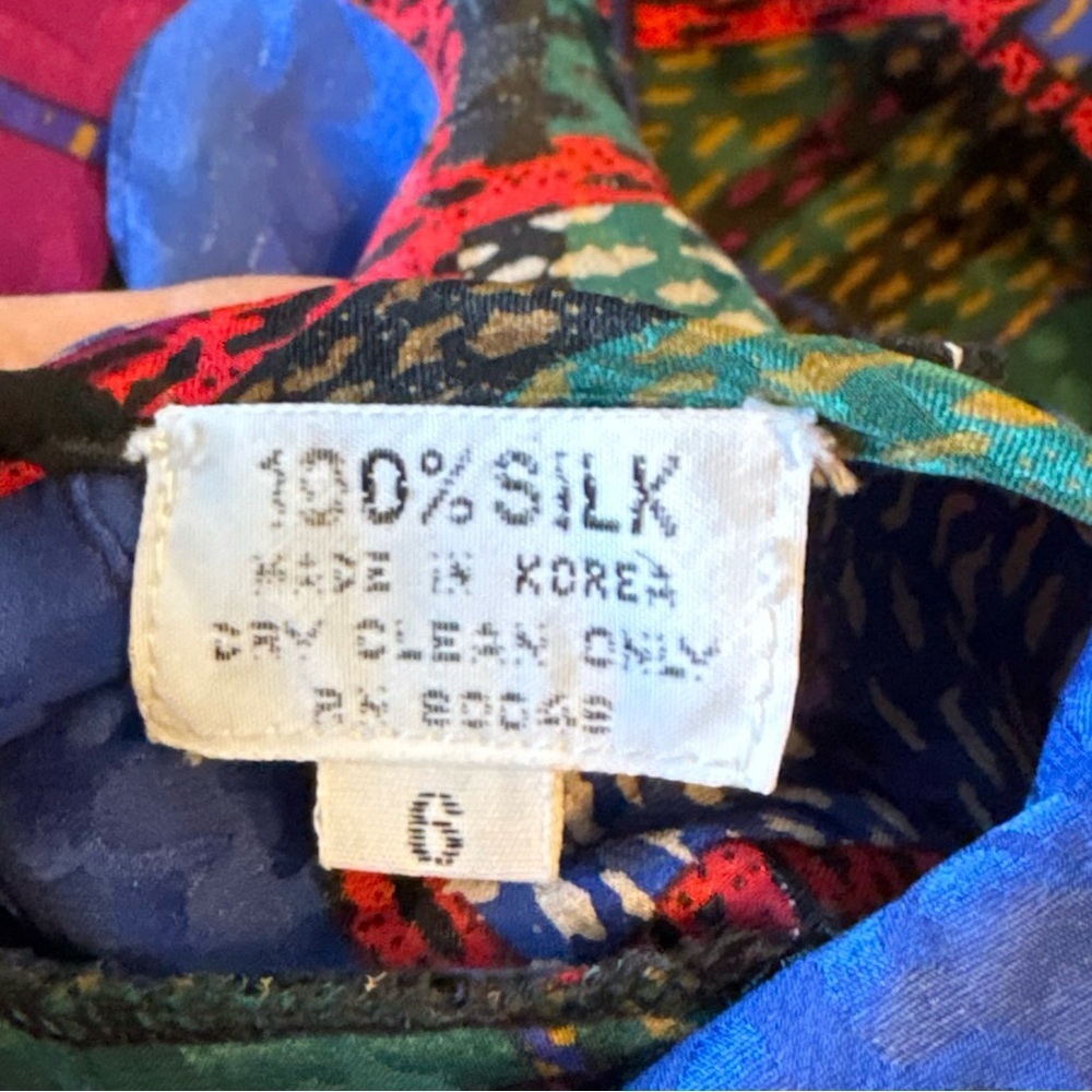 Vintage 100% Silk Jerri Sherman Blouse, Back Buttons, Neck Tie. Purple Blue - Picture 6 of 11